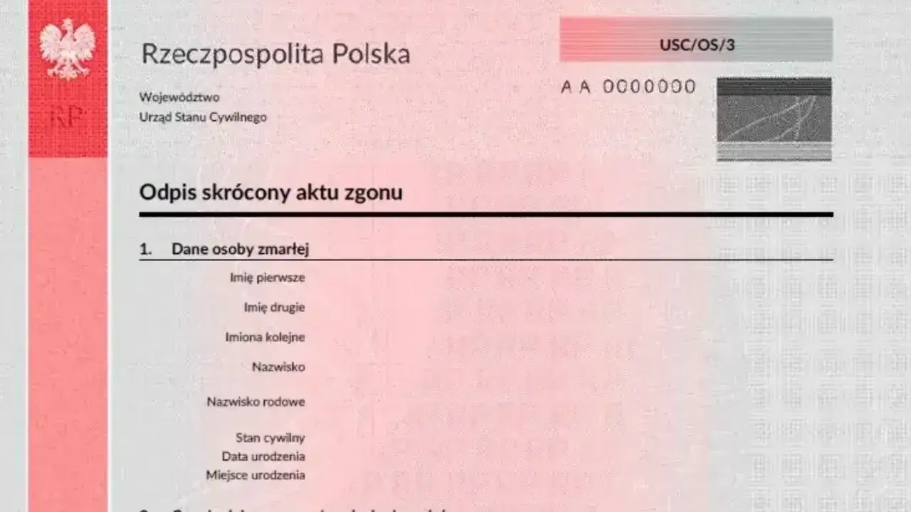 Fragment oficjalnego dokumentu Rzeczypospolitej Polskiej: skrócony odpis aktu zgonu, zawierający dane osoby zmarłej i informacje o czasie i miejscu zgonu.