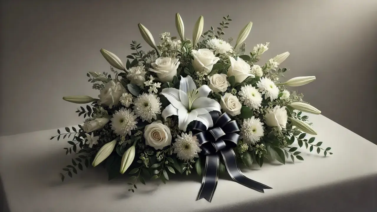 Elegancki bukiet na pogrzeb z białych róż, lilii i chryzantem, ozdobiony granatową wstęgą.