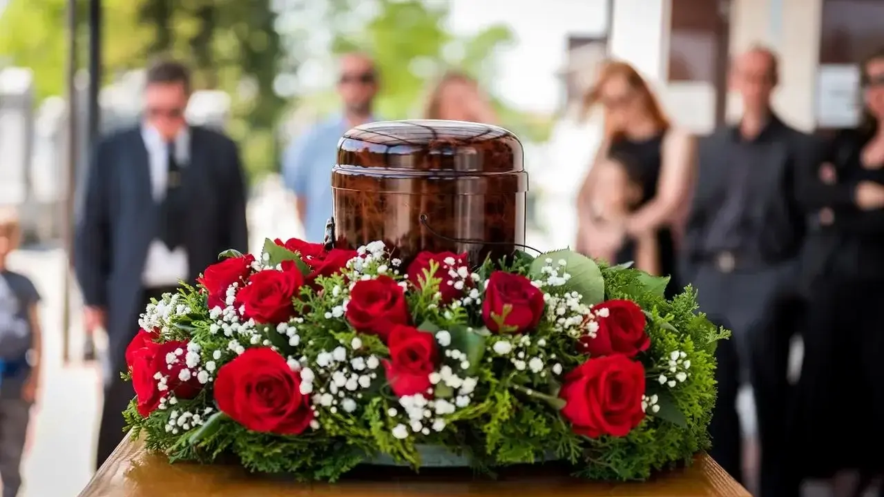 Drewniana urna z prochami ludzkimi, ozdobiona wieńcem z czerwonych róż i zieleni, na tle żałobników.