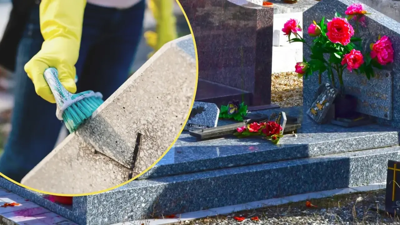 Czyszczenie granitu octem na nagrobku. Dłoń w żółtej rękawiczce szczotkuje kamień, by przywrócić mu blask.