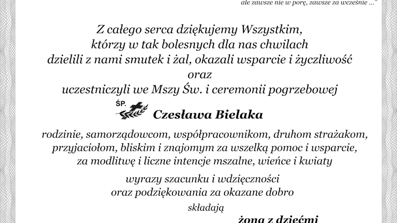 Wyrazy wdzięczności i podziękowania za udział w pogrzebie Czesława Bielaka.