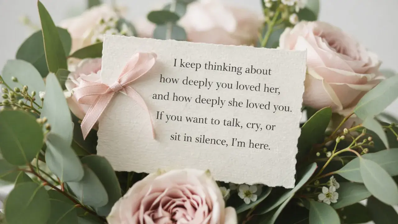 Bukiet róż i eukaliptusa z kartką wyrażającą kondolencje po angielsku: "I keep thinking about how deeply you loved her, and how deeply she loved you. If you want to talk, cry, or sit in silence, I'm here.