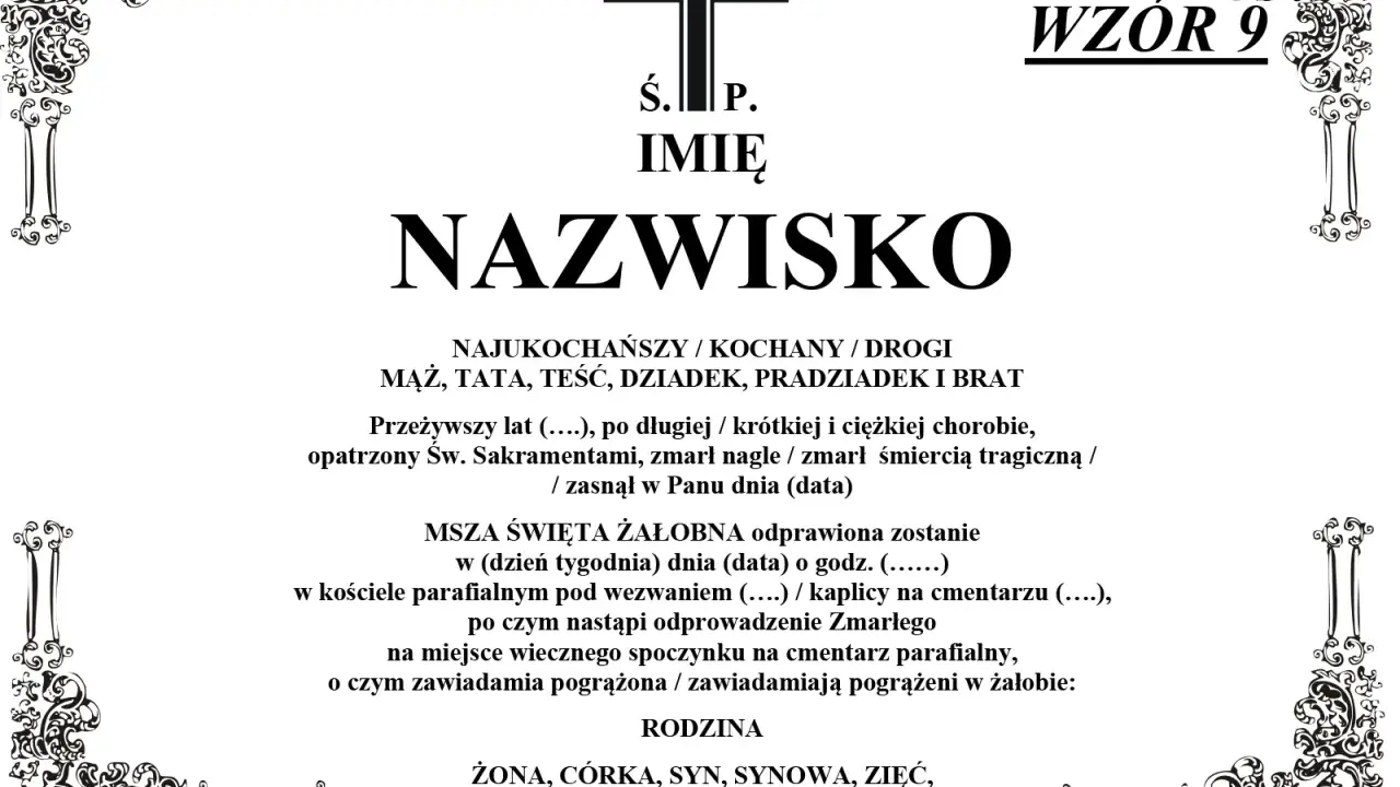 Wzór nekrologu z krzyżem i ozdobnymi ramkami. Informacje o zmarłym, mszy żałobnej i pogrzebie. Czas życia jak klepsydra.