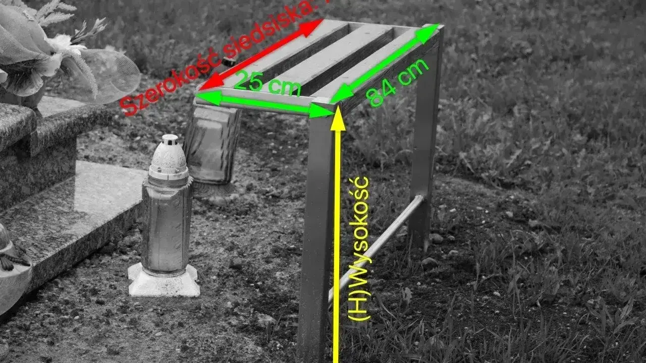 Wymiary ławki cmentarznej: szerokość siedziska 76 cm, głębokość 25 cm, wysokość 84 cm. Instrukcja jak zamontować ławkę na cmentarzu.