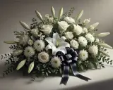 Elegancki bukiet na pogrzeb z białych róż, lilii i chryzantem, ozdobiony granatową wstęgą.