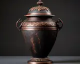 Elegancka urna z brązu, ozdobiona ornamentami, przeznaczona na prochy po kremacji.