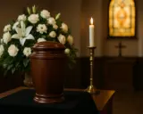 Drewniana urna z kwiatami i płonącą świecą w kościele. Czy kremacja jest grzechem? Pytanie o sens i wiarę.
