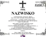 Wzór nekrologu z krzyżem i ozdobnymi ramkami. Informacje o zmarłym, mszy żałobnej i pogrzebie. Czas życia jak klepsydra.