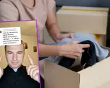 Ksiądz ostrzega: nie noś rzeczy po zmarłej osobie, bo przesąd mówi, że może wrócić po nie. Ręce pakują ubrania do kartonu.