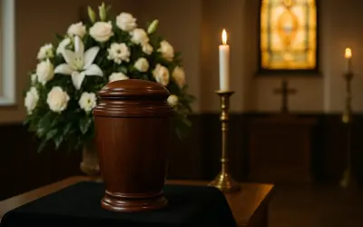 Drewniana urna z kwiatami i płonącą świecą w kościele. Czy kremacja jest grzechem? Pytanie o sens i wiarę.