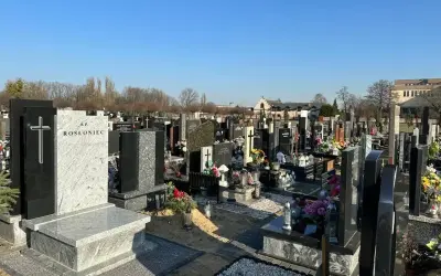 Wiele nagrobków na cmentarzu, niektóre ozdobione krzyżami i kwiatami.