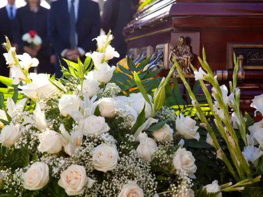 Elegancki wieniec pogrzebowy z białych róż i lilii, ozdobiony zielenią, przy trumnie. Cena 200 zł.