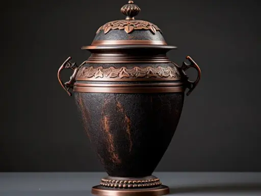 Elegancka urna z brązu, ozdobiona ornamentami, przeznaczona na prochy po kremacji.