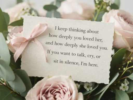 Bukiet róż i eukaliptusa z kartką wyrażającą kondolencje po angielsku: "I keep thinking about how deeply you loved her, and how deeply she loved you. If you want to talk, cry, or sit in silence, I'm here.