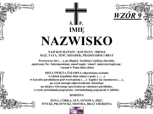 Wzór nekrologu z krzyżem i ozdobnymi ramkami. Informacje o zmarłym, mszy żałobnej i pogrzebie. Czas życia jak klepsydra.