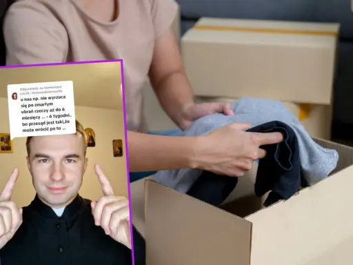 Ksiądz ostrzega: nie noś rzeczy po zmarłej osobie, bo przesąd mówi, że może wrócić po nie. Ręce pakują ubrania do kartonu.
