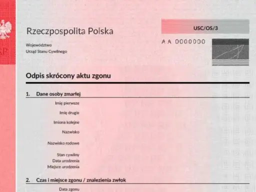 Fragment oficjalnego dokumentu, skrócony akt zgonu, zawiera dane zmarłej osoby i czas zgonu.