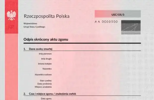 Fragment oficjalnego dokumentu Rzeczypospolitej Polskiej: skrócony odpis aktu zgonu, zawierający dane osoby zmarłej i informacje o czasie i miejscu zgonu.