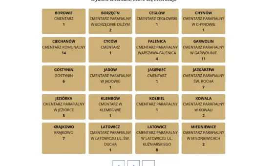 Wybierz cmentarz, aby dowiedzieć się, jak znaleźć gdzie jest pochowana osoba. Lista zawiera nazwy i lokalizacje cmentarzy.