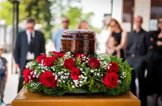 Drewniana urna z prochami ludzkimi, ozdobiona wieńcem z czerwonych róż i zieleni, na tle żałobników.