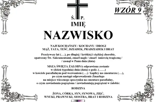 Wzór nekrologu z krzyżem i ozdobnymi ramkami. Informacje o zmarłym, mszy żałobnej i pogrzebie. Czas życia jak klepsydra.