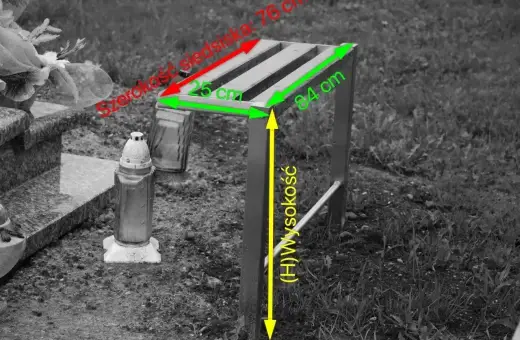 Wymiary ławki cmentarznej: szerokość siedziska 76 cm, głębokość 25 cm, wysokość 84 cm. Instrukcja jak zamontować ławkę na cmentarzu.