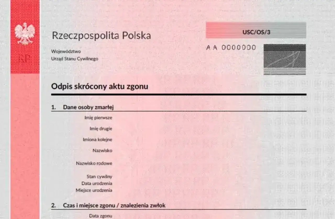 Skrócony odpis aktu zgonu z USC. Dokument ten jest niezbędny do załatwienia formalności po śmierci rodzica.