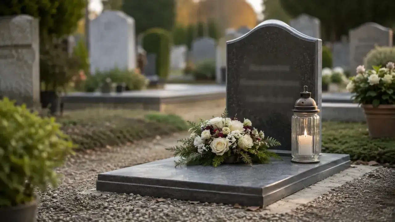 Wieniec z białych róż i lampion ze świecą to piękny sposób, jak udekorować grób bez pomnika, tworząc ciepłą atmosferę.